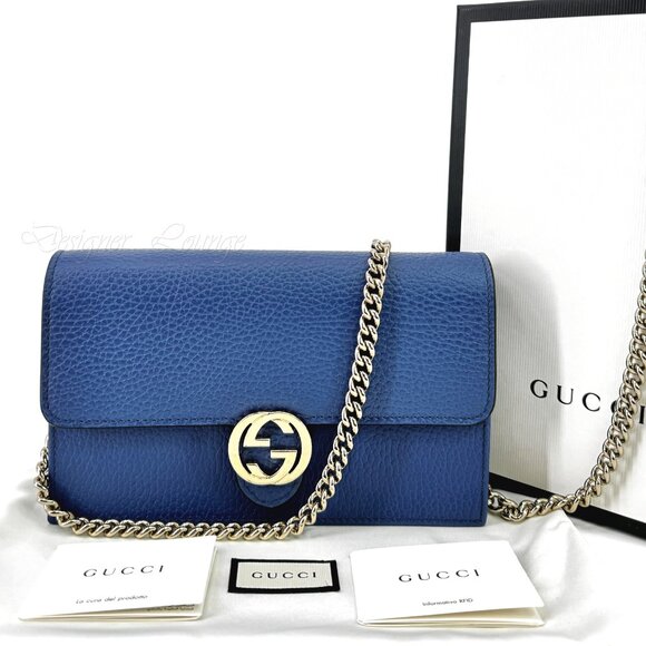 SOLD! NEW GUCCI Interlocking GG Blue Leather Crossbody Wallet On Chain Bag - Picture 13 of 15